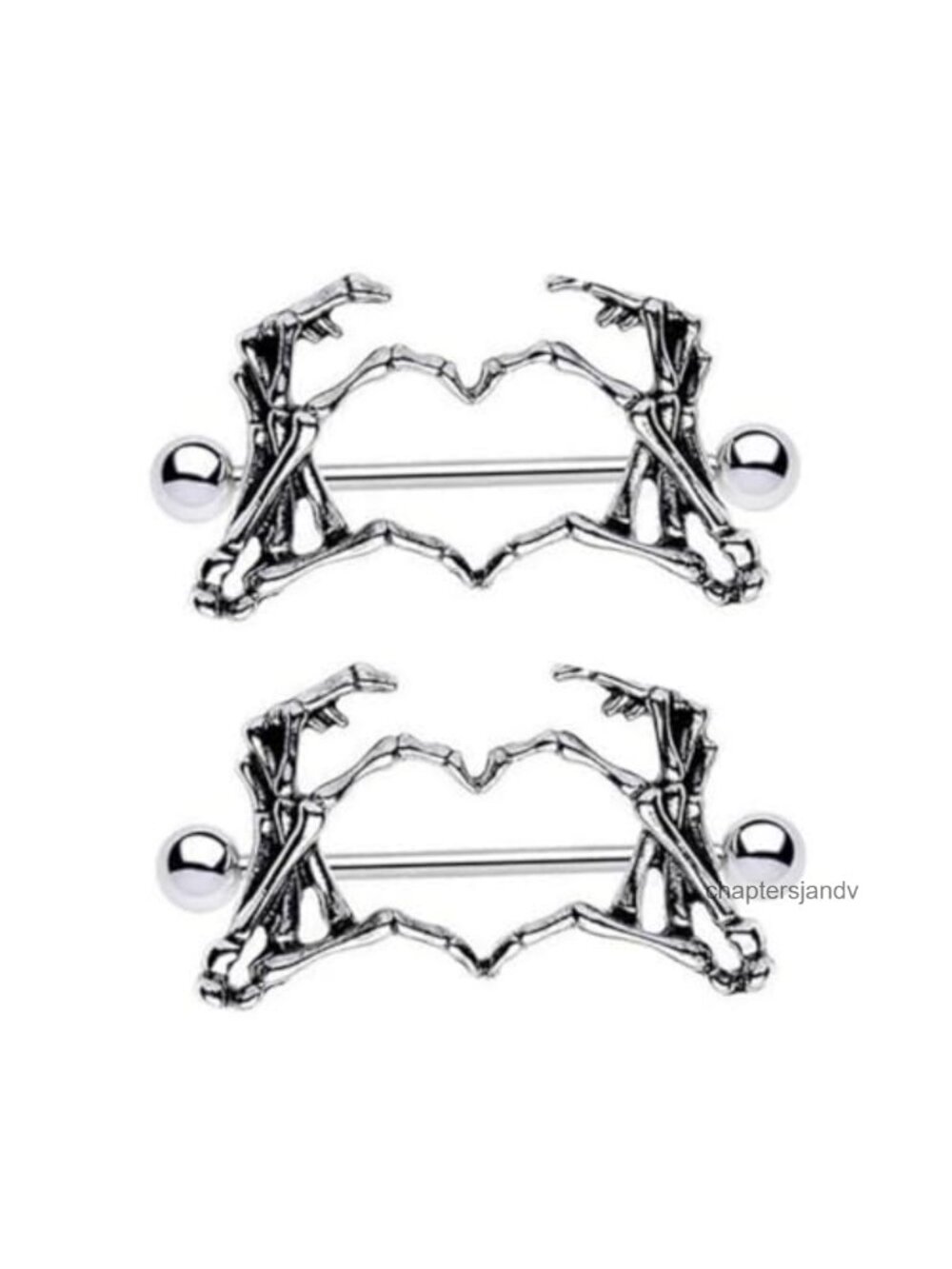 14G Skeleton Hand Heart Nipple Rings 316L Surgical Steel Gothic Barbell
